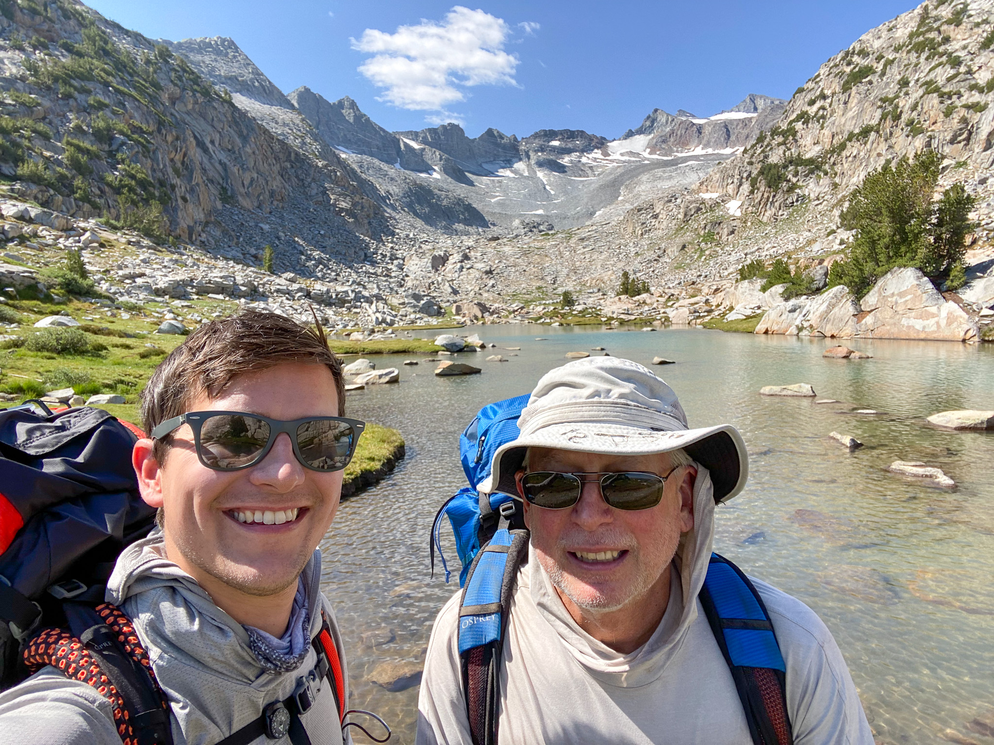 My dad and I on the way up to Donohue Pass (Day 4), enjoying the beautiful view of Mount Lyell as we cross the Lyell Fork.