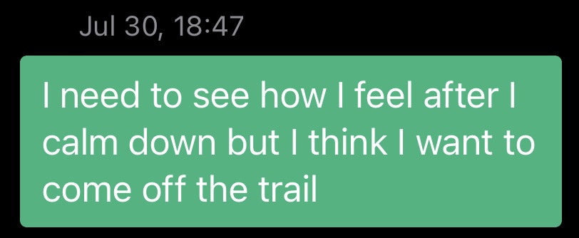 A screenshot of my text on the evening of Day 7: the first time I seriously considered quitting after having a panic attack on my first night traveling solo