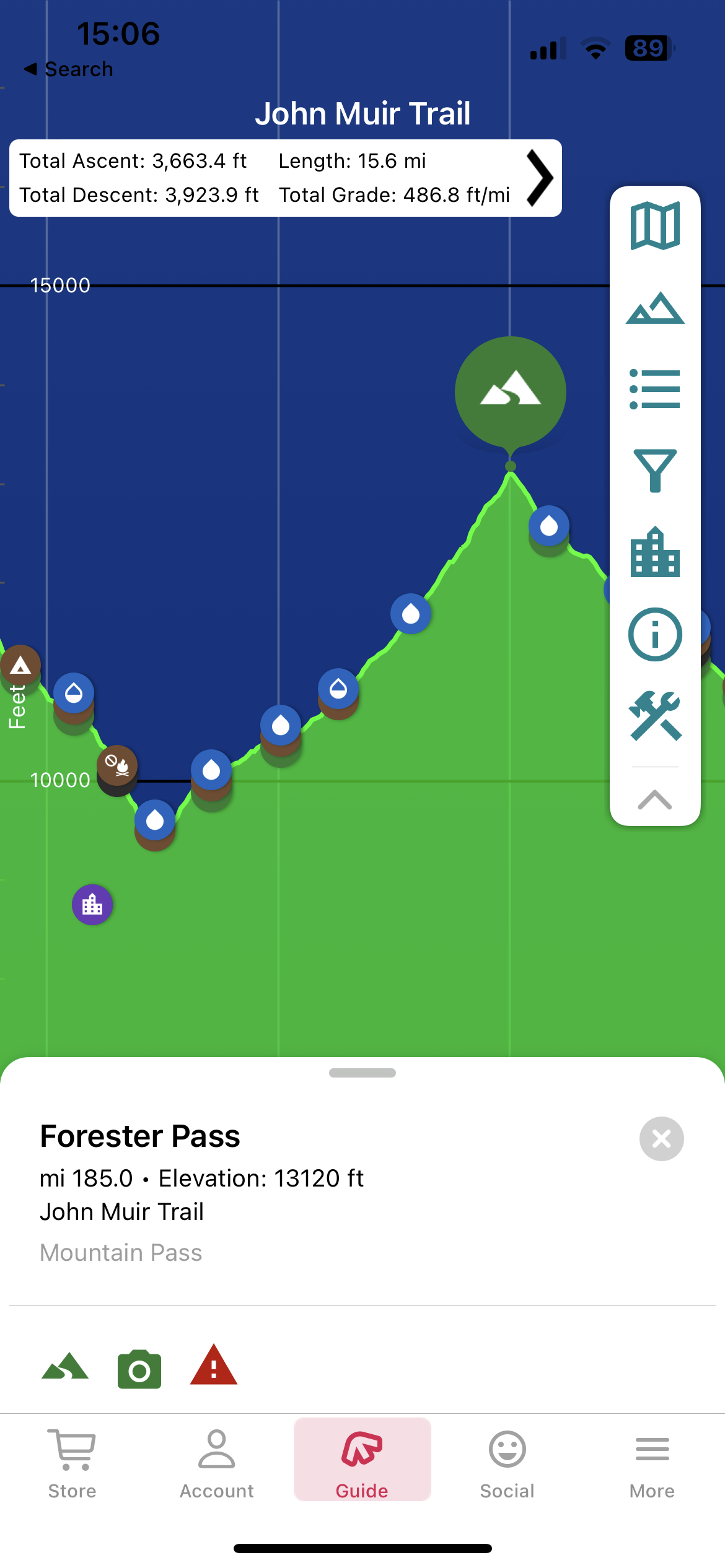 Screenshot from FarOut app with the John Muir Trail guide loaded in elevation view, making it easier to plan your hard days (e.g., hiking Forester Pass)