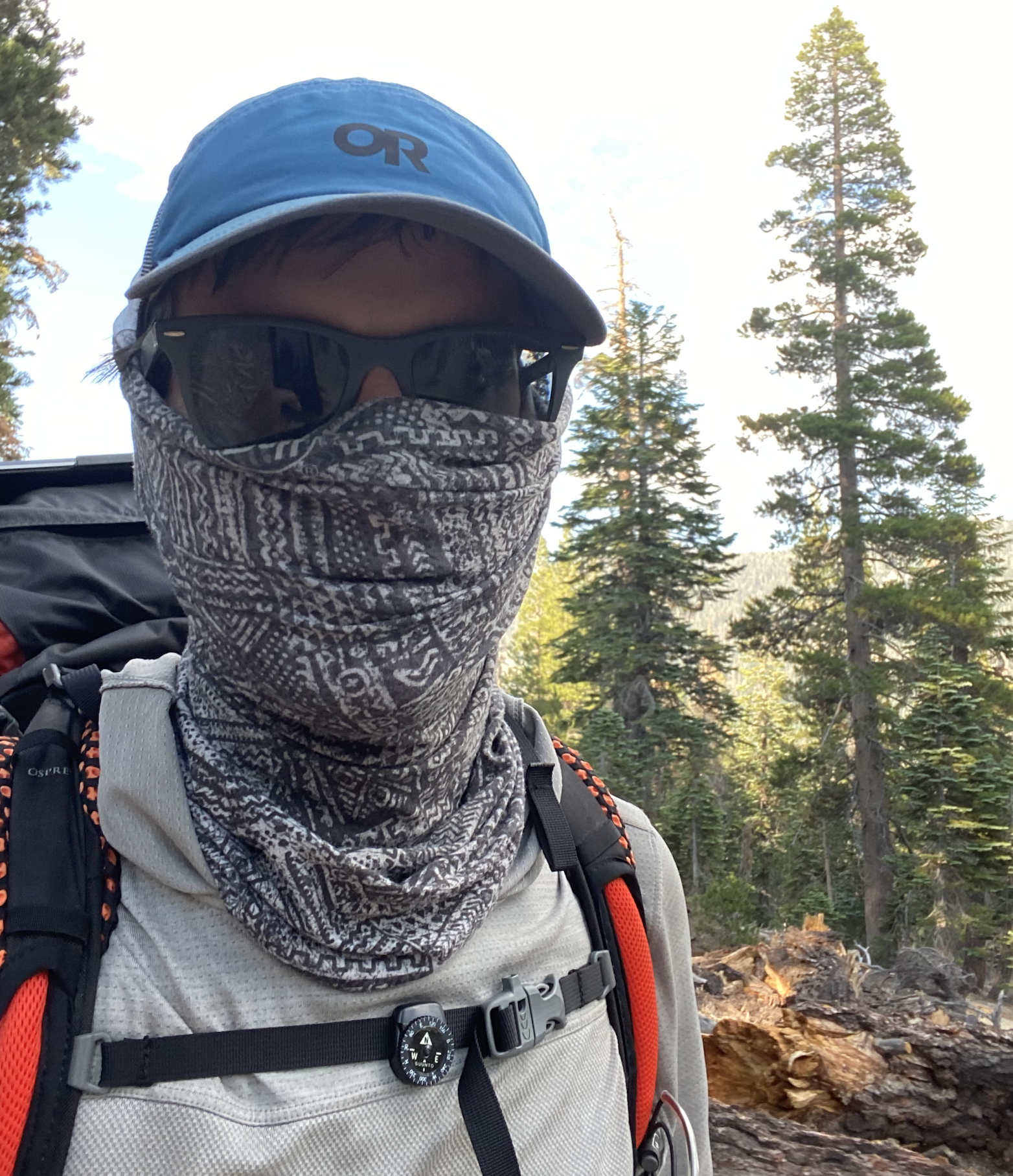 My anti-bug (and anti-sun) setup: a *Buff CoolNet UV+ Insect Shield* worn as a neck gaiter. It worked moderately well. A mosquito head net would have worked better.